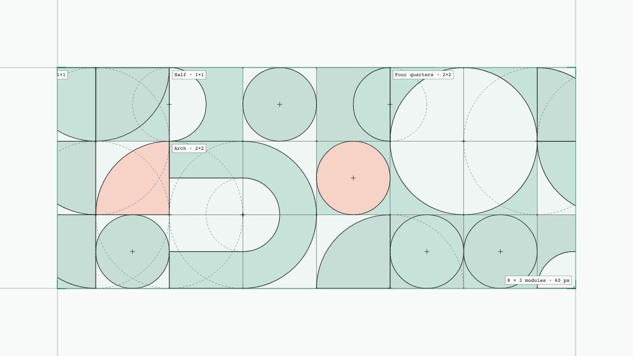 Modular green blocks, discs and arches arranged on a construction grid.