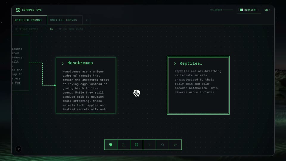 Synapse-Sys canvas showing readable edge paths, operation labels and a compare action between nodes.