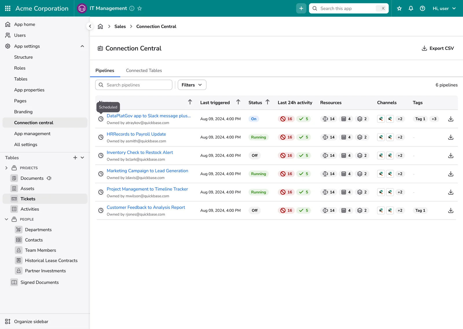 Connection Central Pipelines-list design specification with sample pipeline data.