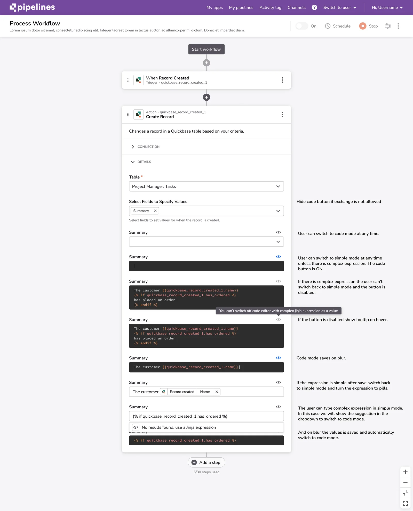 Pipelines code-mode design specification showing an advanced expression editor and locked visual controls.