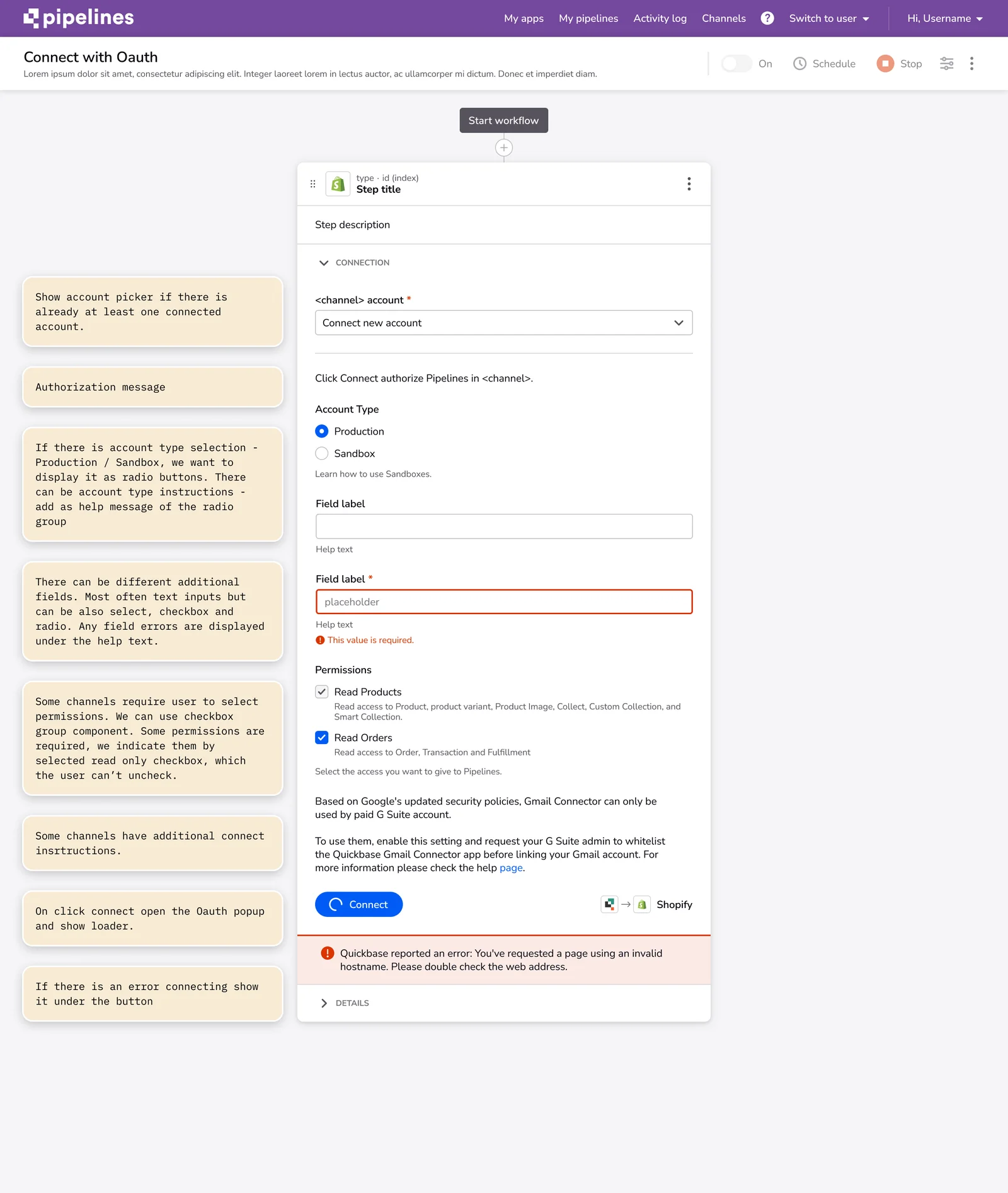 Pipelines OAuth connection design specification showing a reusable account-authorisation pattern.