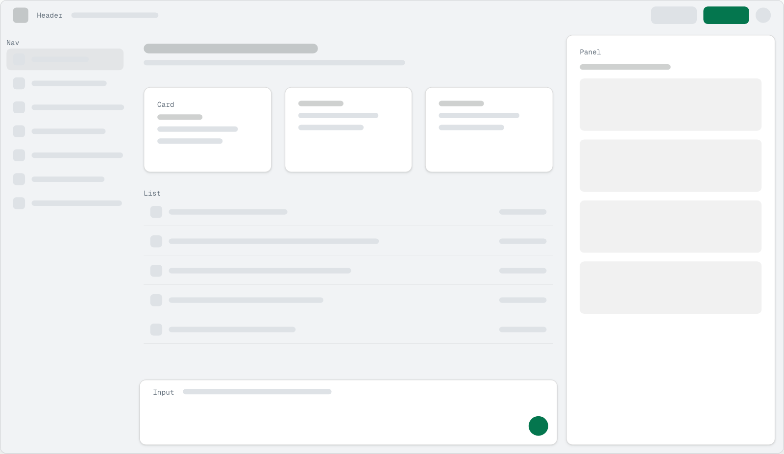 The blueprint interface used throughout the tutorial, with a header, navigation, cards, list, input and side panel.