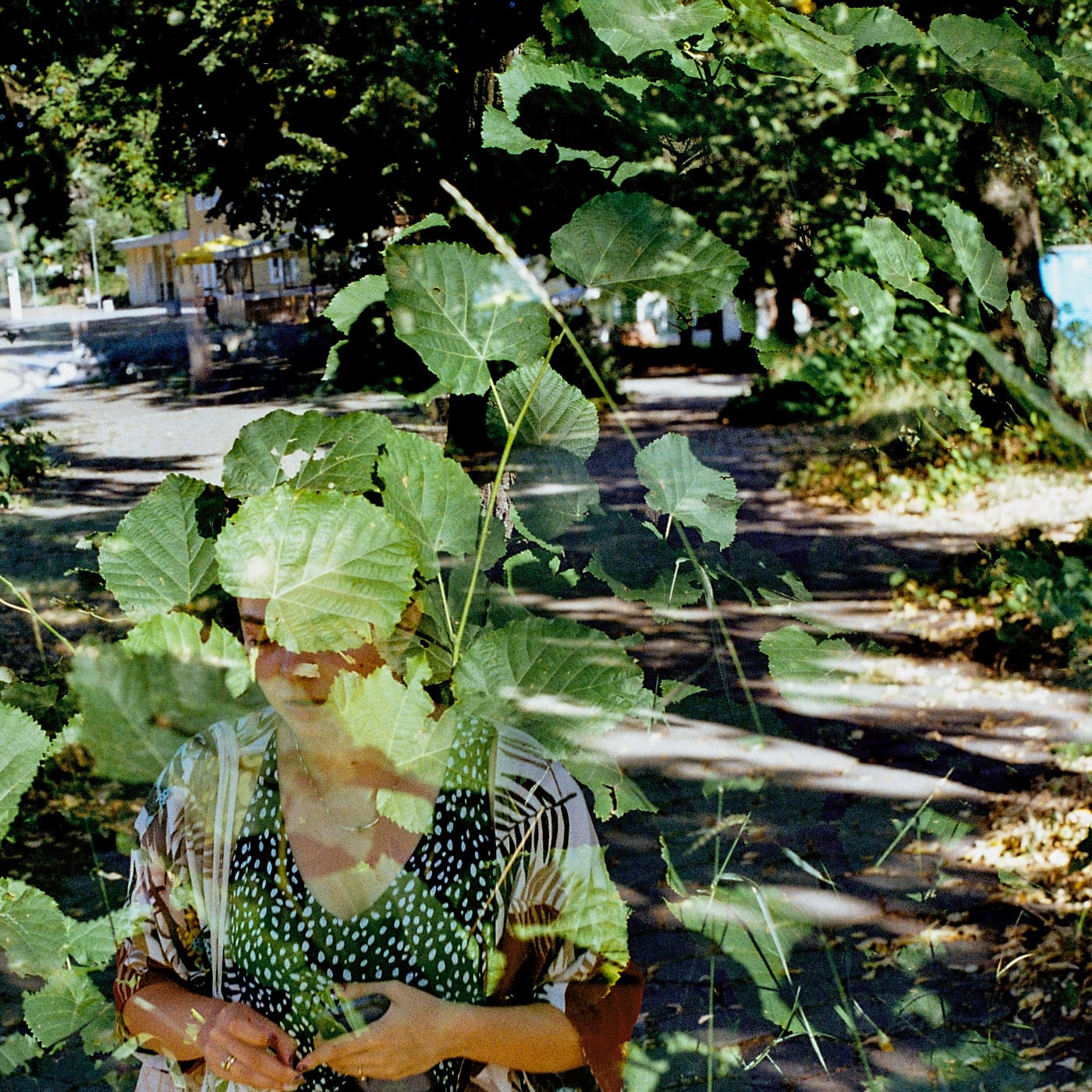 A double exposure of my wife and tree leaves
